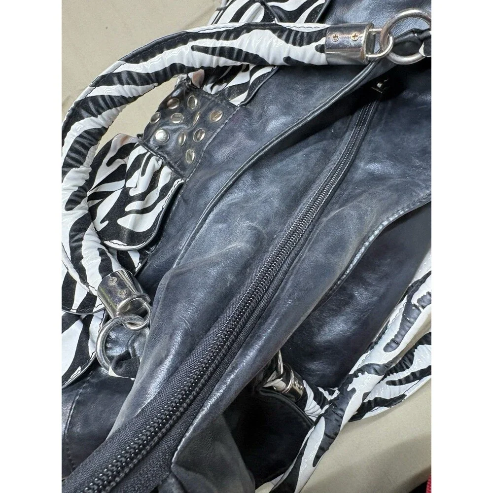 Vintage Y2K Zebra Print Ruffle Handbag Studded Hobo Bag Retro McBling Aesthetic - Picture 7 of 12